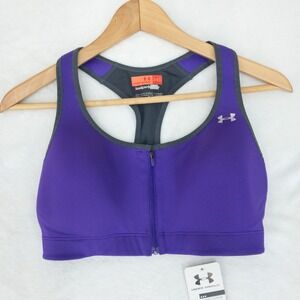 Under Armour Sports Bra Womens 34D Purple Front Zip Hi Impact HeatGear Racerback
